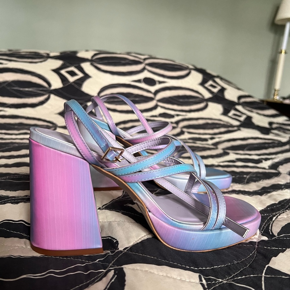 Feners “Le Disco” Iridescent Pastel Strappy Block Heel Sandals - Picture 3 of 7